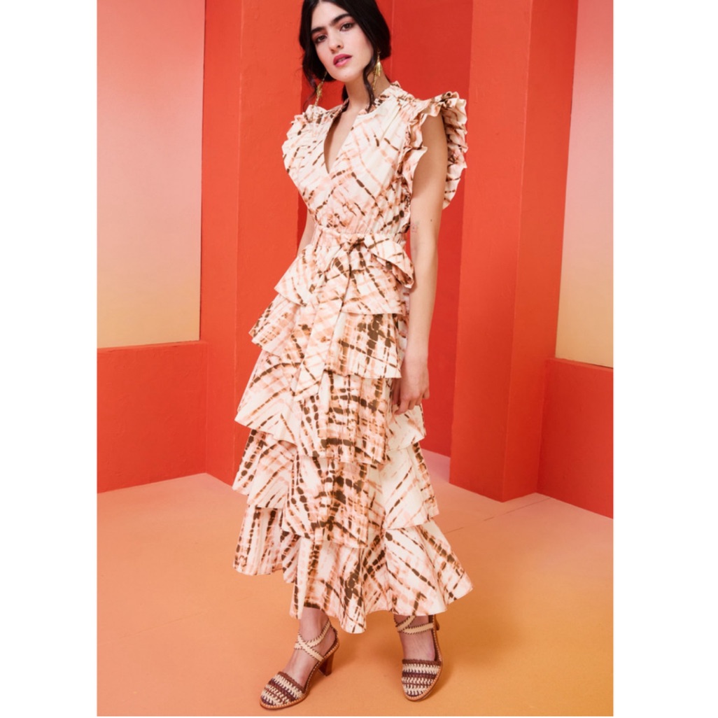 Marie Oliver Tie-Dye Ruffle Midi Dress In Cream And Brown